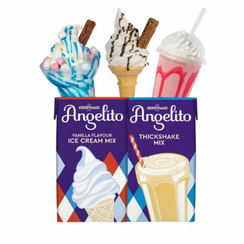 Angelito Ice Cream Mix and Thickshake Mix, above the cartons are a bubblegum sundae, a 99 cone and a strawberry milkshake.