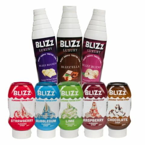 A showcase of Blizz sauces. Top Row: Blizz Bianco, Blizz'ella, Blizz Bueno. Bottom row: Strawberry, Bubblegum, Lime, Raspberry, Chocolate.