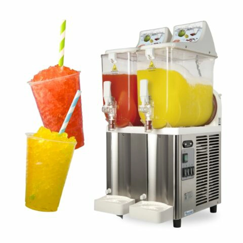 A Sencotel slush machine stands beside two slushies